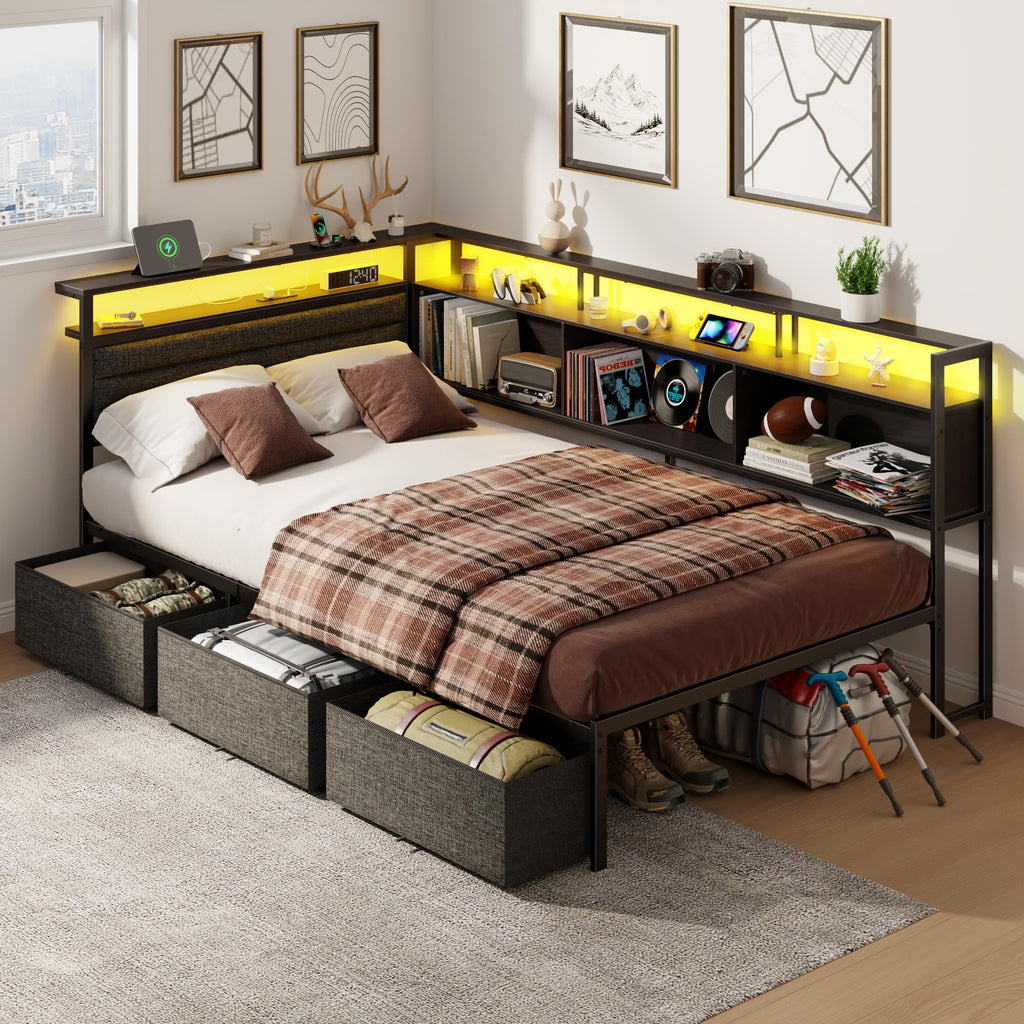 Twin Corner Bed Frame with Upholstered Headboard, 3 Storage Drawers D611248