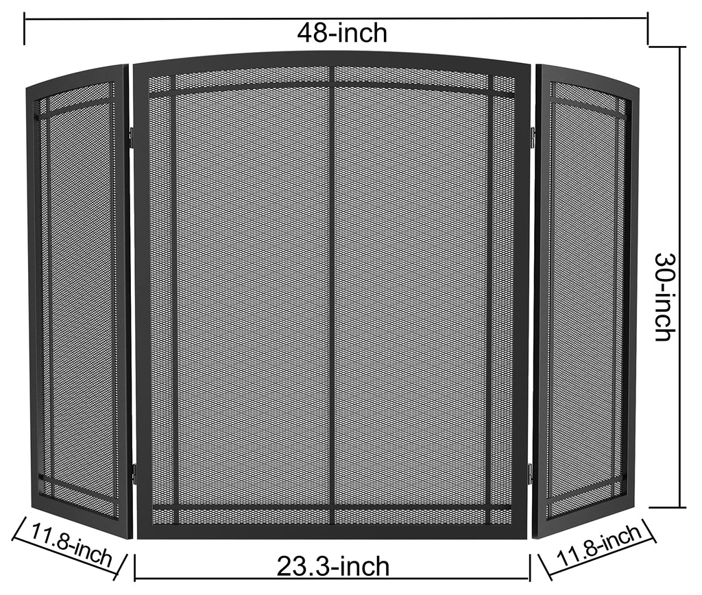Black 3 Panel Wrought Iron Fireplace Screen 48x30 Inch K73968